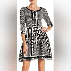 Nina Leonard Black and White Patterned Dress Size S